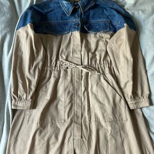 Two-Tone Denim Trench Coat Dress - Tan Beige and Dark Blue